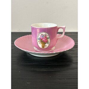 VTG Germany Mepoco Demitasse Teacup/Saucer Set Pink Lustre Ware Scalloped Edge